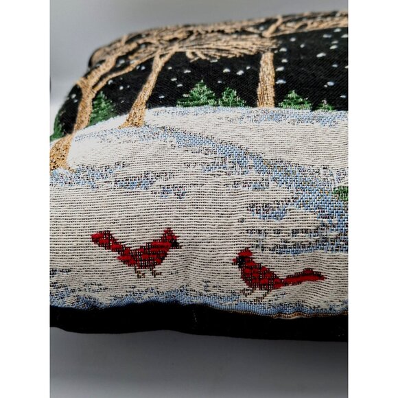 Vintage Christmas Tapestry Throw Pillow With Forest Scene & Cardinal Design - Picture 7 of 7